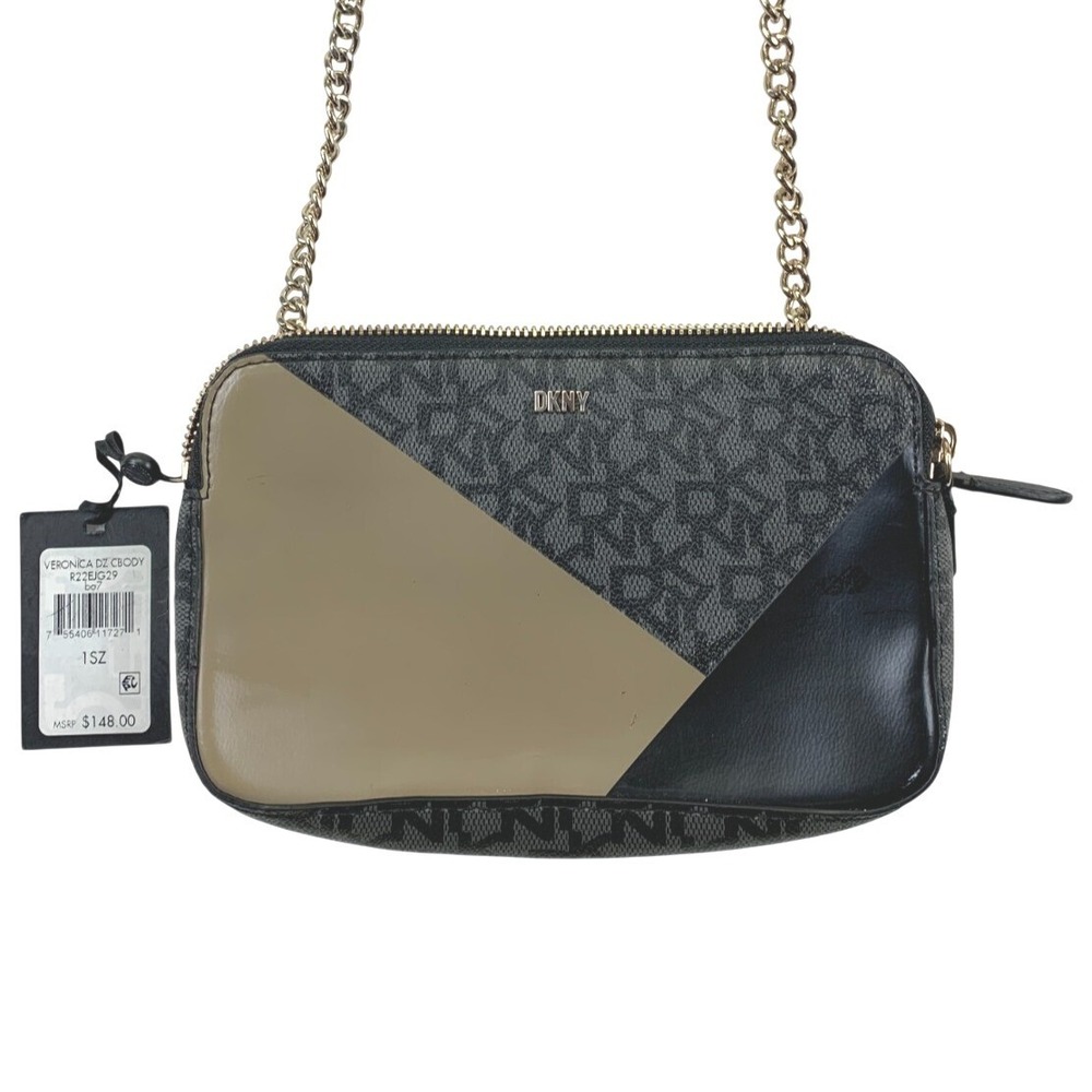 DKNY Veronica Double Zip Crossbody Bag Women's Small Black Leather Chain Purse